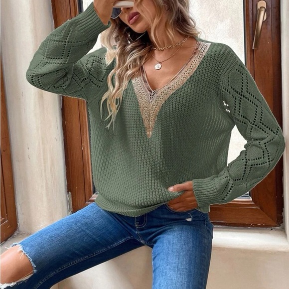 Comfy Sheer Lace V Neck Knit Swearer Top Green - Picture 3 of 14